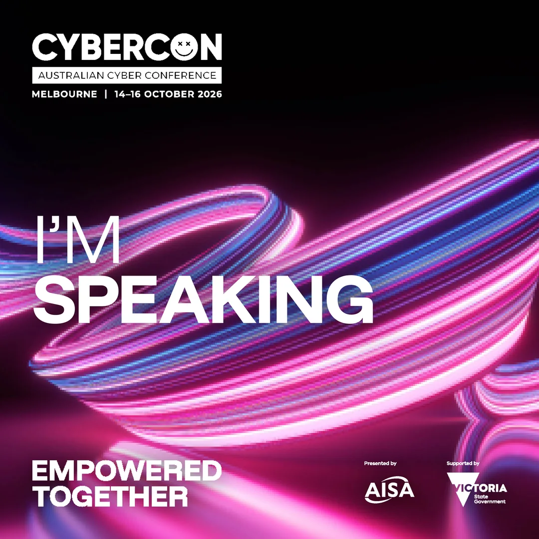 Official AISA CyberCon 2026 I'm Speaking graphic for Mark Vos. Australian Cyber Conference, Melbourne, 14 to 16 October 2026. Presented by AISA.