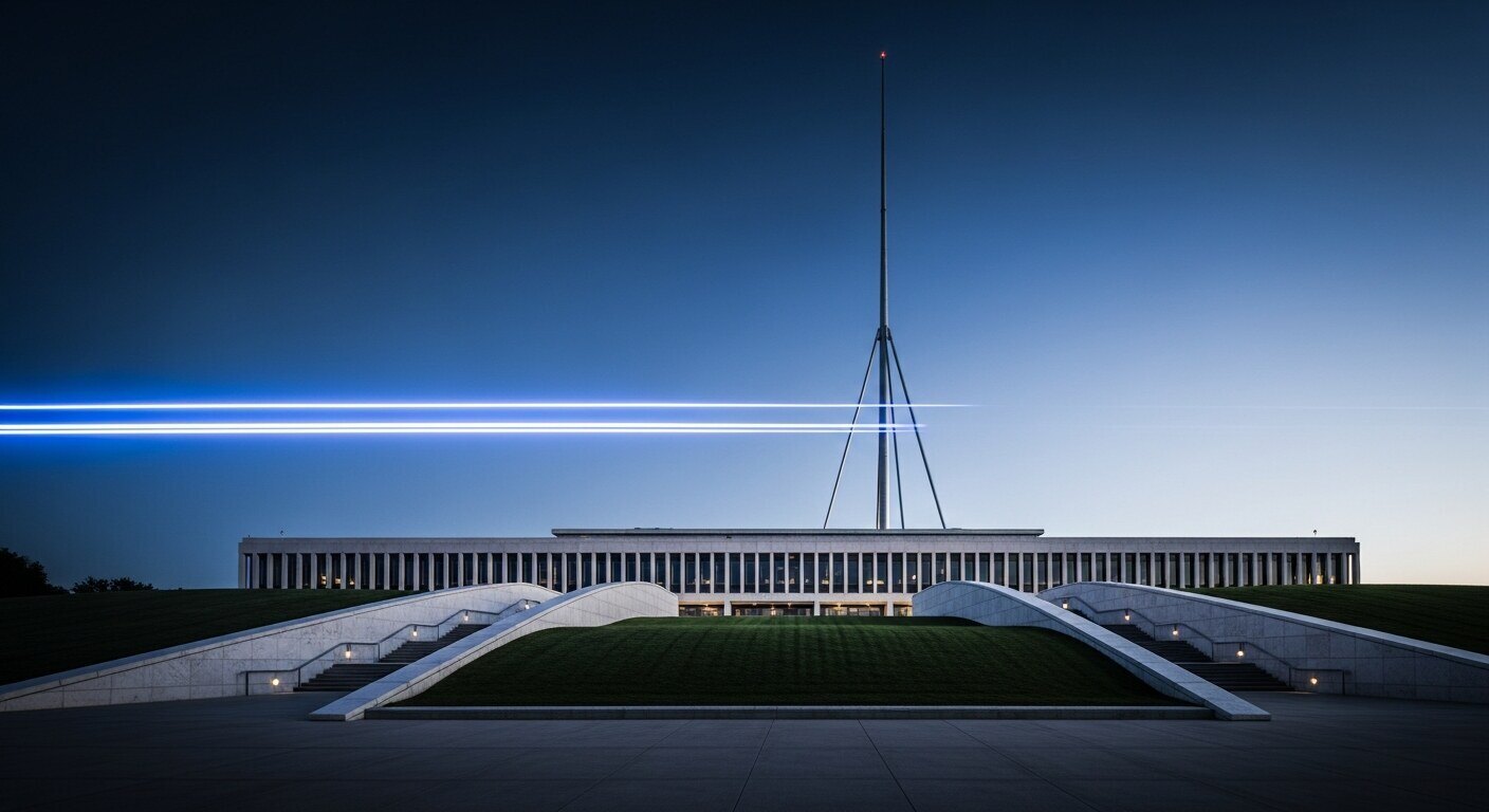 Australian Parliament House at dusk with a streak of blue light racing past, symbolising AI outpacing government regulation - Mark Vos, Cyber Impact